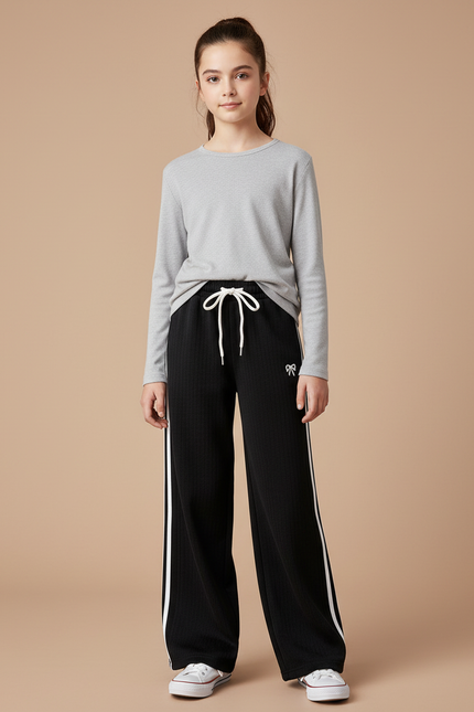 Pantalon Noir Côtelé Ample Sport Fille - Cordé