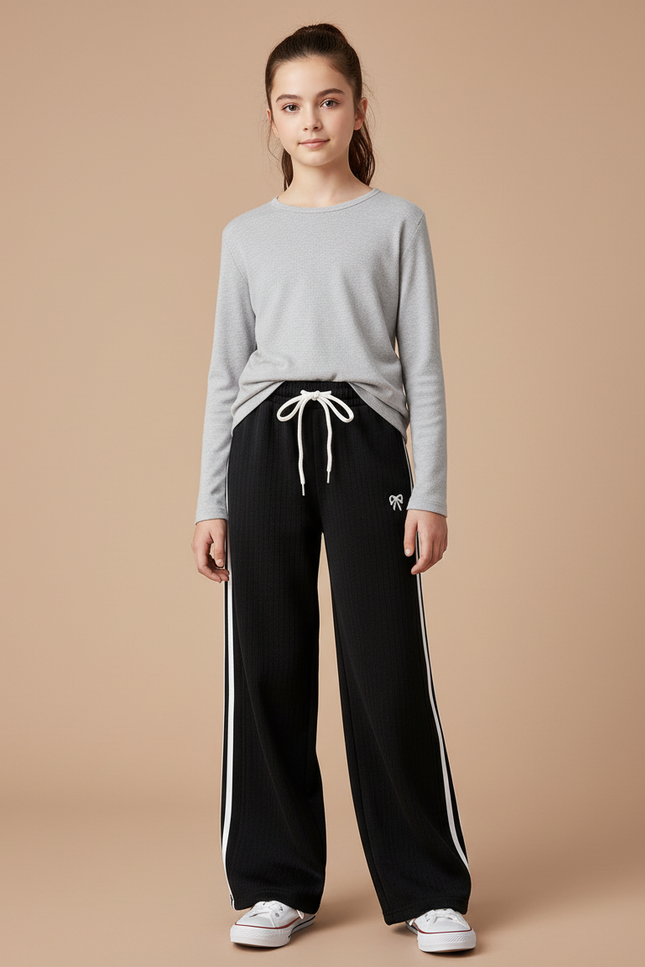 Pantalon Noir Côtelé Ample Sport Fille - Cordé