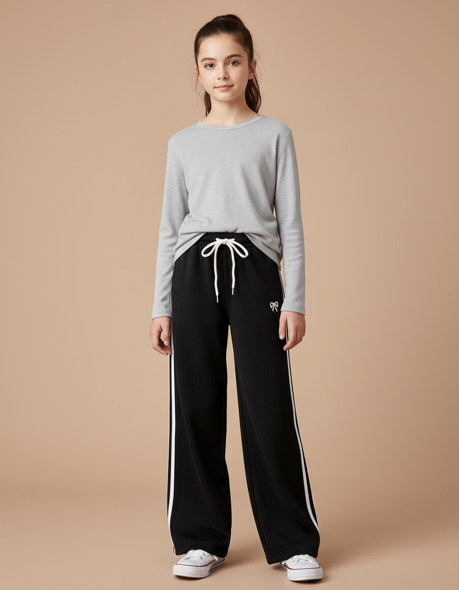 Pantalon Noir Côtelé Ample Sport Fille - Cordé