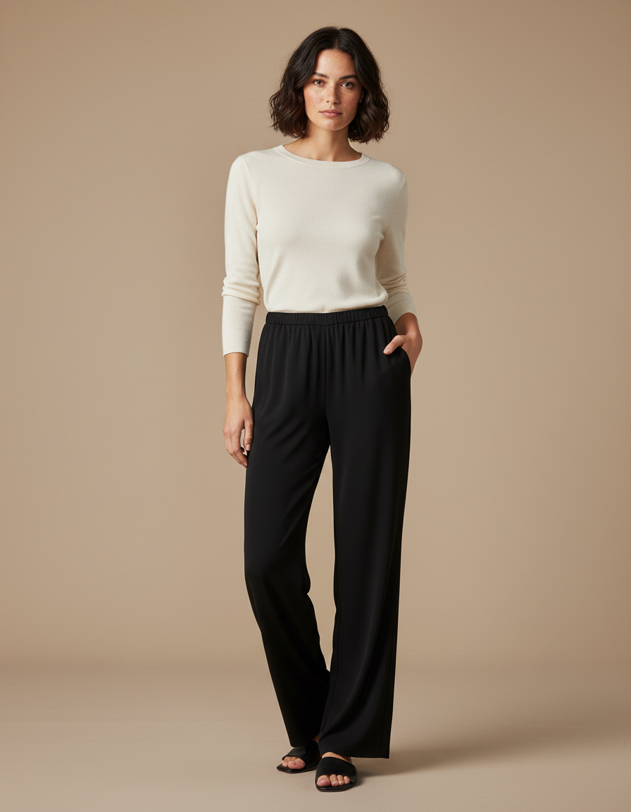 Pantalon Noir Fluide Ample Décontracté Femme - Viscose