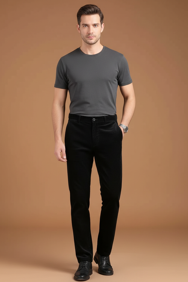 Pantalon Noir Droit Côtelé Épais Chaud Homme - Cordé