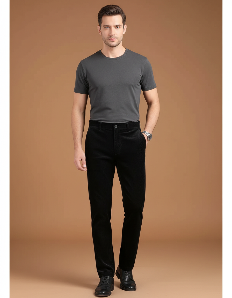 Pantalon Noir Droit Côtelé Épais Chaud Homme - Cordé