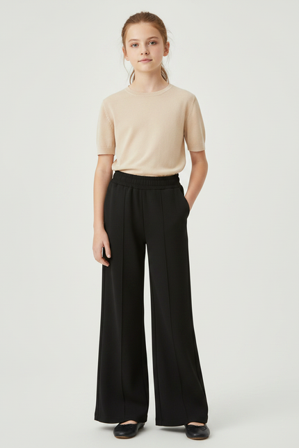 Pantalon Noir Large Côtelé Confortable Fille - Maille