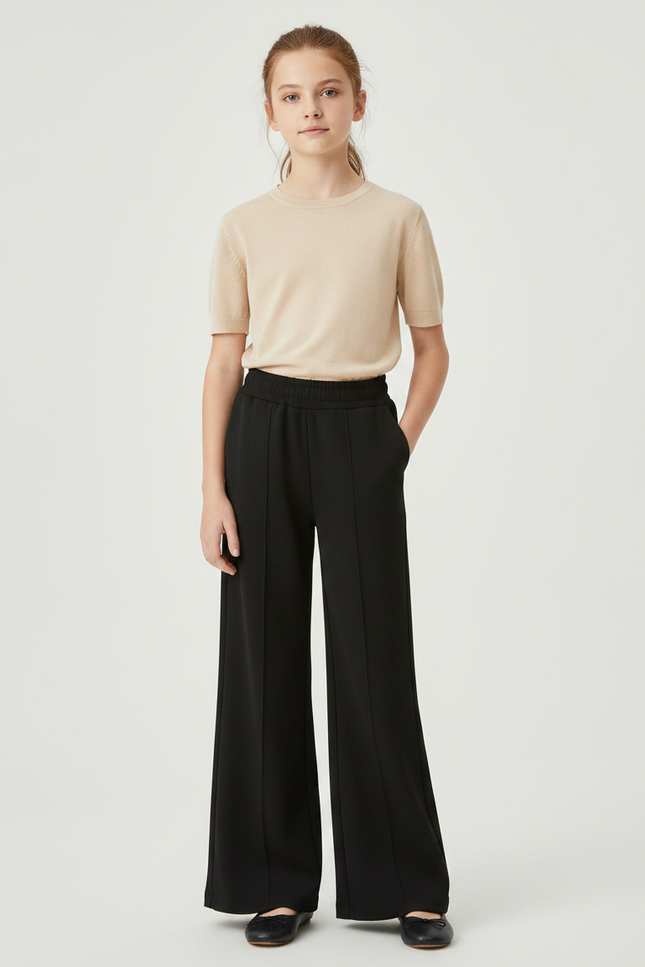 Pantalon Noir Large Côtelé Confortable Fille - Maille