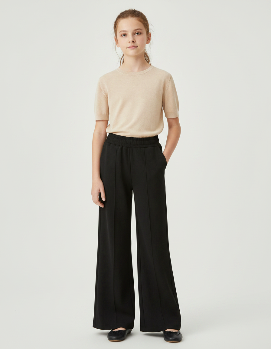 Pantalon Noir Large Côtelé Confortable Fille - Maille