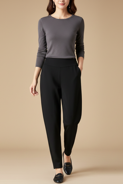 Pantalon Noir Taille Haute Confortable Carotte Décontracté - Polyester