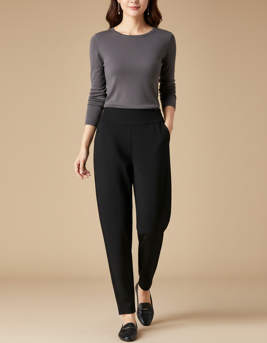 Pantalon Noir Taille Haute Confortable Carotte Décontracté - Polyester