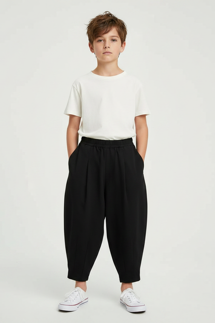 Pantalon Noir Ample Plissé Garçon Décontracté Court - Polyester