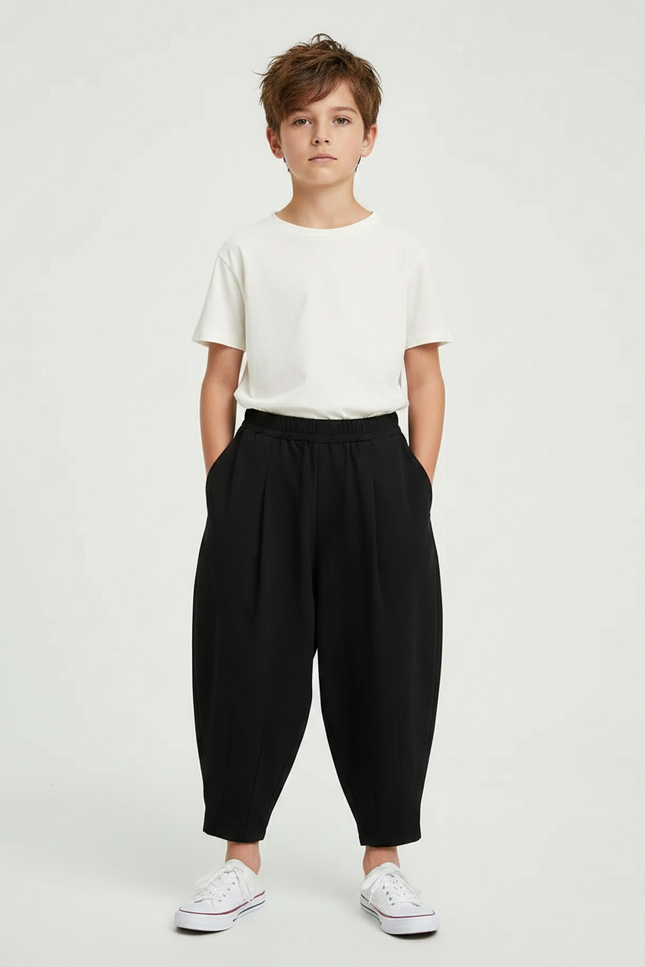 Pantalon Noir Ample Plissé Garçon Décontracté Court - Polyester