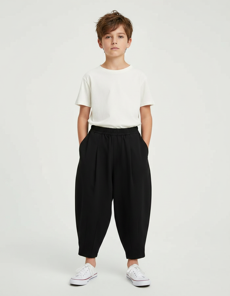 Pantalon Noir Ample Plissé Garçon Décontracté Court - Polyester