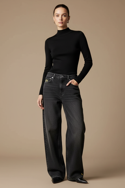 Pantalon Noir Large Délavé Brodé Femme - Jean