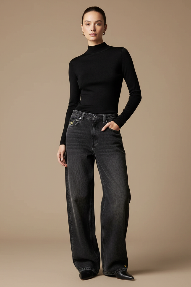 Pantalon Noir Large Délavé Brodé Femme - Jean