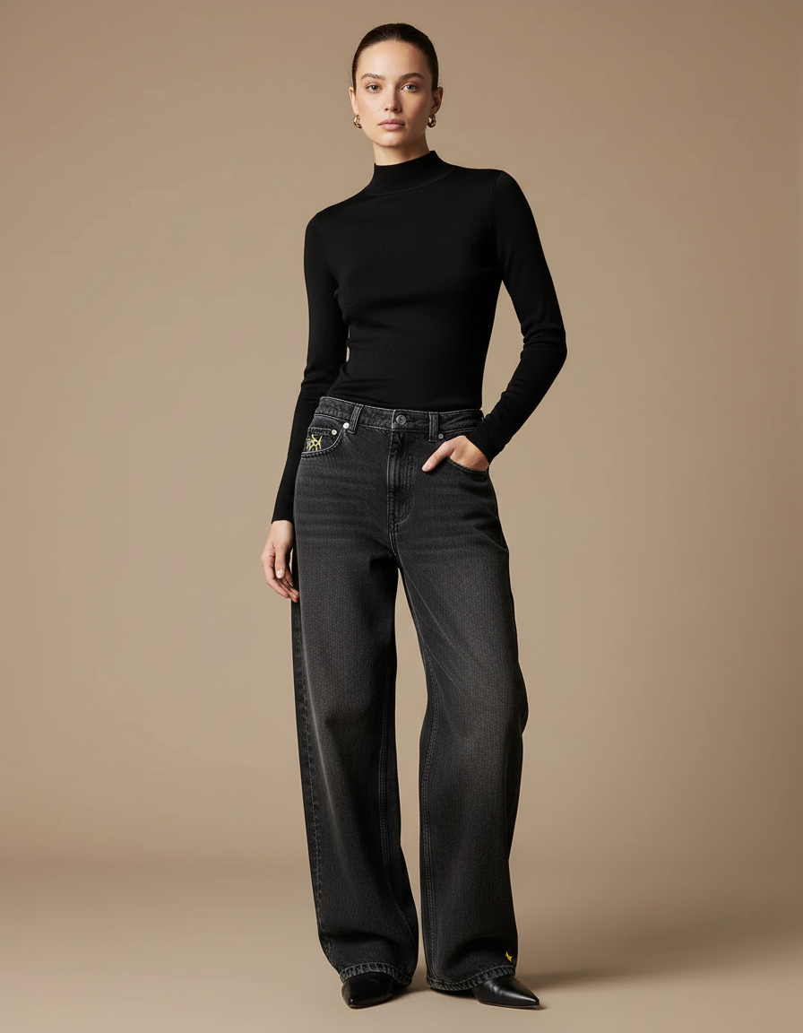 Pantalon Noir Large Délavé Brodé Femme - Jean
