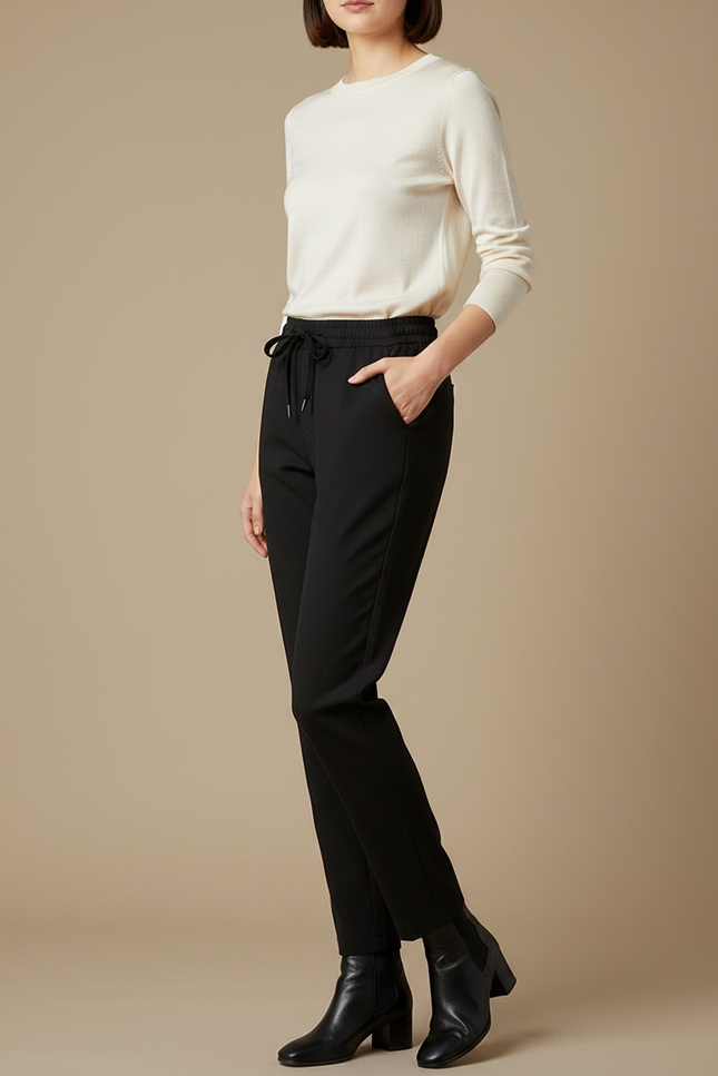 Pantalon Noir Droit Cordon Élastique Décontracté Élégant - Polyester