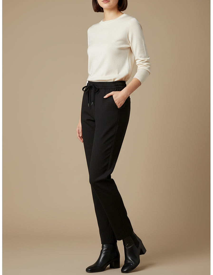 Pantalon Noir Droit Cordon Élastique Décontracté Élégant - Polyester
