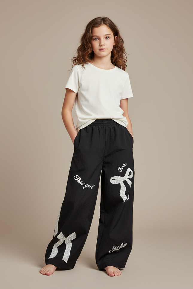 Pantalon Noir Fluide Ample Fille Imprimé Nœuds Dentelle - Polyester