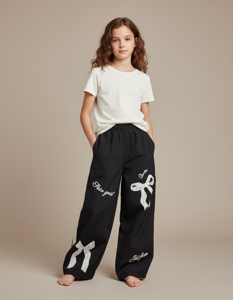 Pantalon Noir Fluide Ample Fille Imprimé Nœuds Dentelle - Polyester