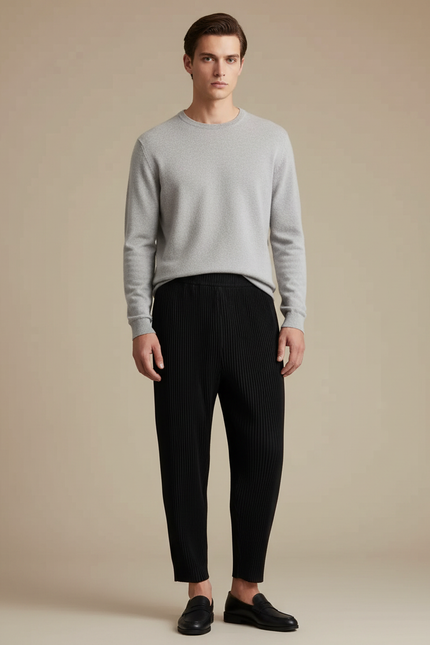Pantalon Noir Plissé Ample Décontracté Homme Moderne - Polyester