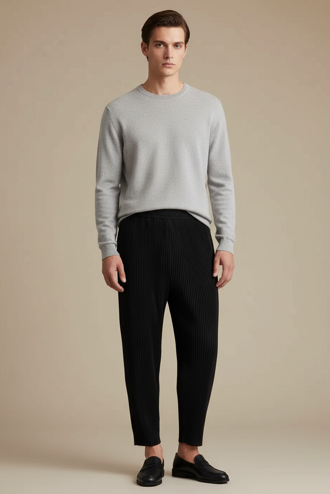 Pantalon Noir Plissé Ample Décontracté Homme Moderne - Polyester