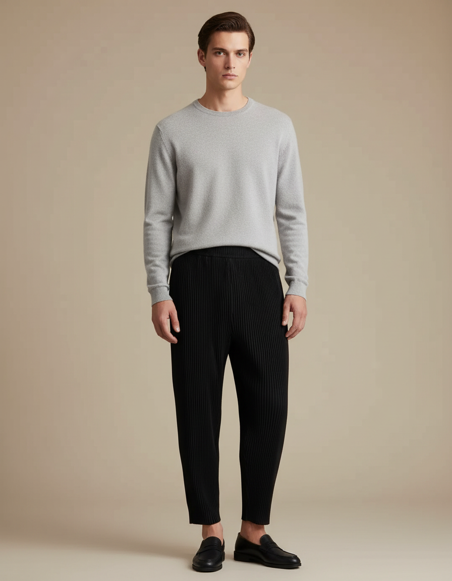 Pantalon Noir Plissé Ample Décontracté Homme Moderne - Polyester