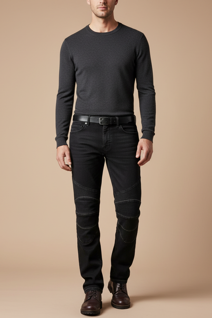 Pantalon Noir Homme Motard Matelassé Denim Slim - Jean