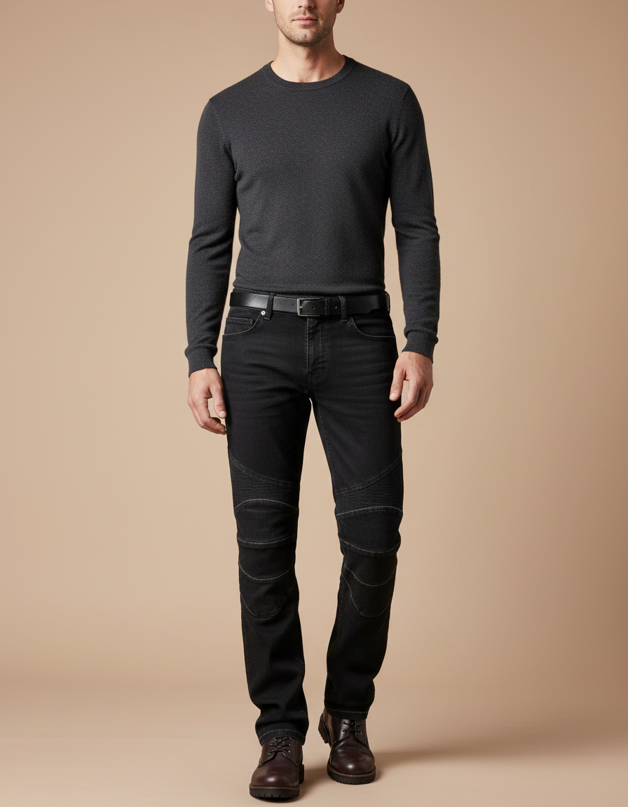 Pantalon Noir Homme Motard Matelassé Denim Slim - Jean