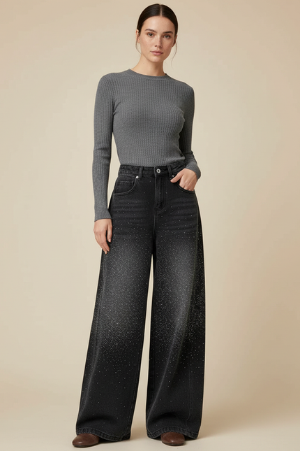 Pantalon Noir Denim Large Strass Scintillant Taille Haute - Jean