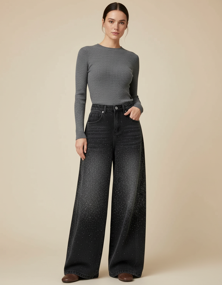 Pantalon Noir Denim Large Strass Scintillant Taille Haute - Jean