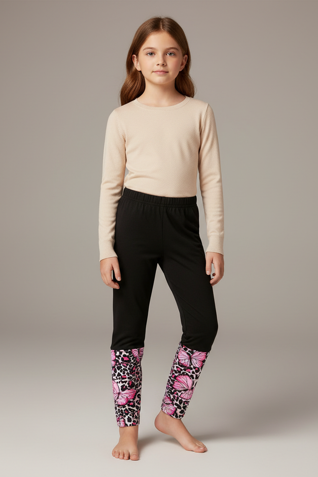 Pantalon Noir Fille Slim Papillons Roses Imprimés - Polyester