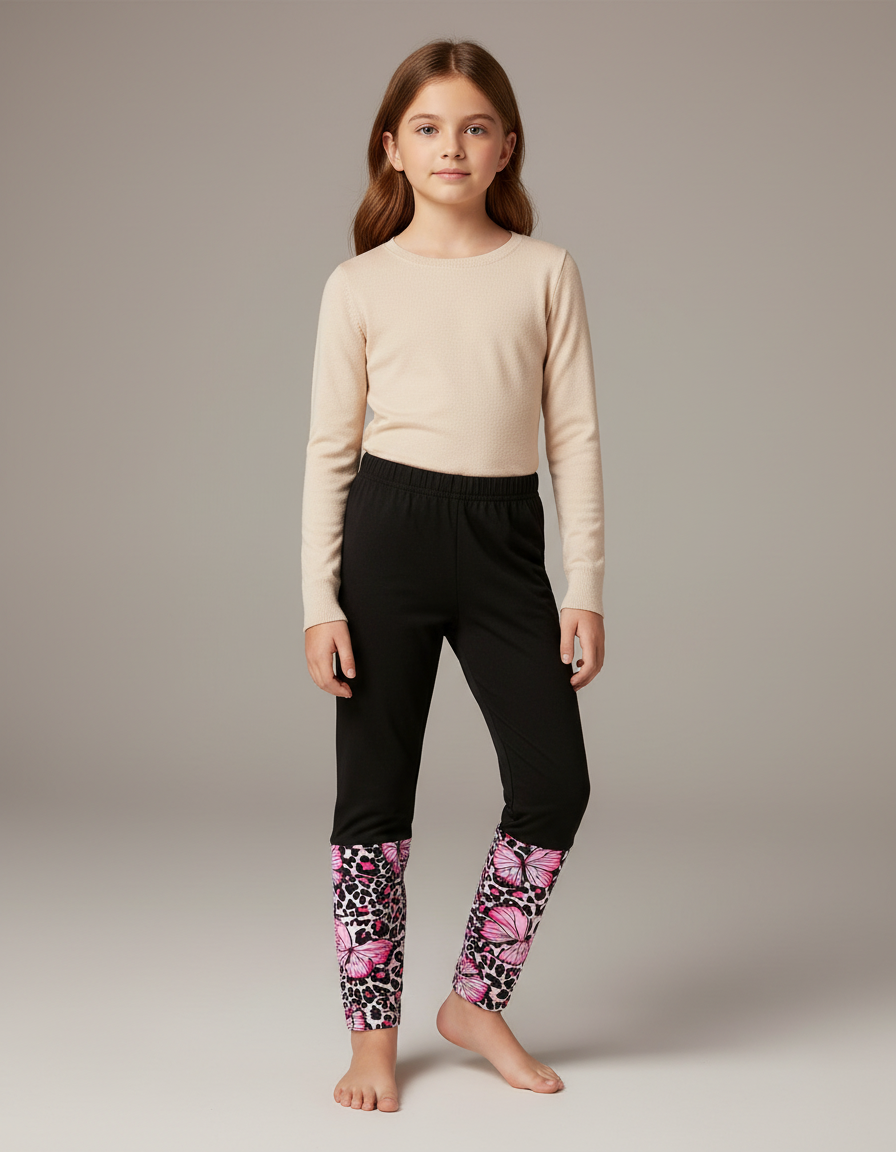 Pantalon Noir Fille Slim Papillons Roses Imprimés - Polyester
