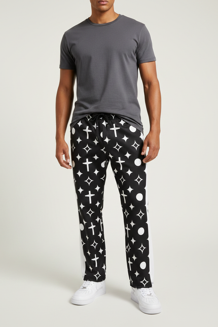 Pantalon Noir Imprimé Croix Y2K Flared Homme - Polyester