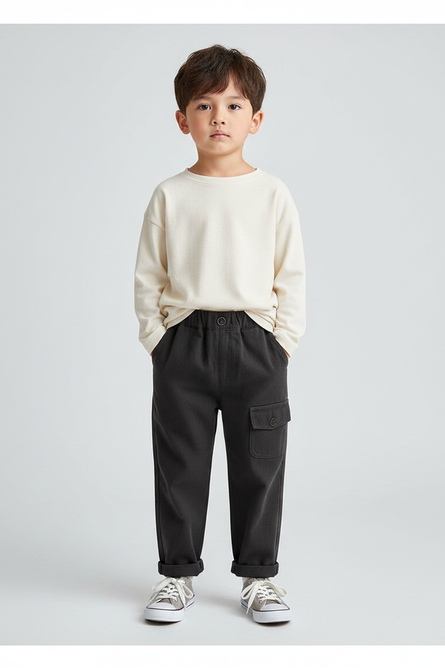 Pantalon Noir Cargo Enfant Ample Décontracté - Molleton