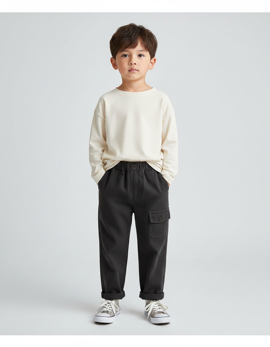 Pantalon Noir Cargo Enfant Ample Décontracté - Molleton