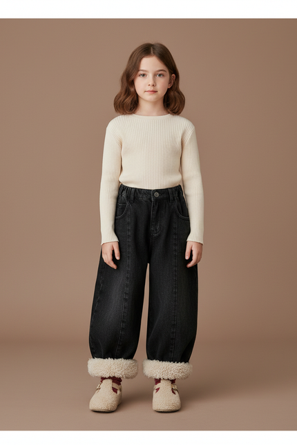 Pantalon Noir Ample Molletonné Enfant Hiver - Jean