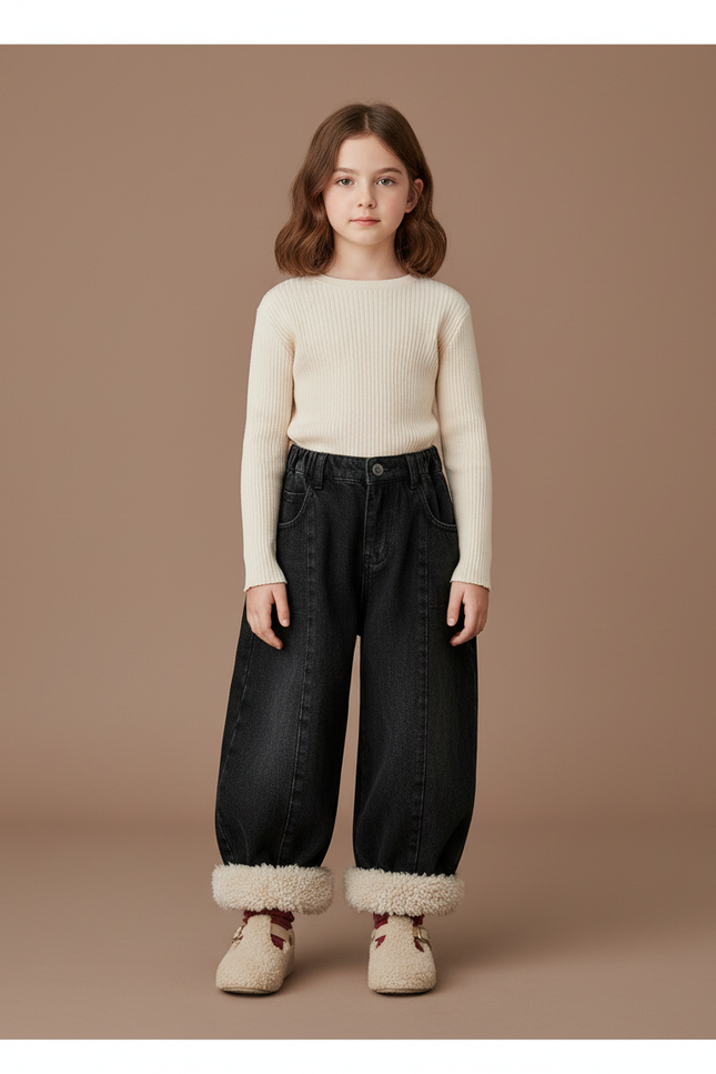 Pantalon Noir Ample Molletonné Enfant Hiver - Jean