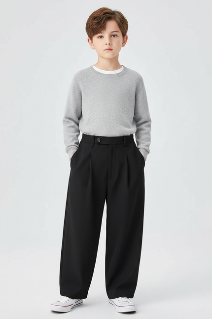 Pantalon Noir Ample Plissé Élégant Garçon - Polyester