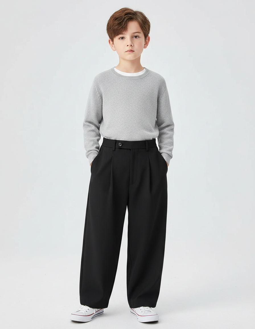 Pantalon Noir Ample Plissé Élégant Garçon - Polyester