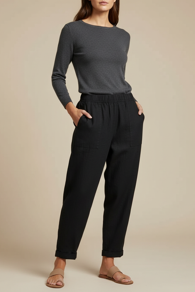 Pantalon Utilitaire Noir Femme - Lin