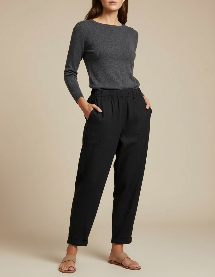 Pantalon Utilitaire Noir Femme - Lin