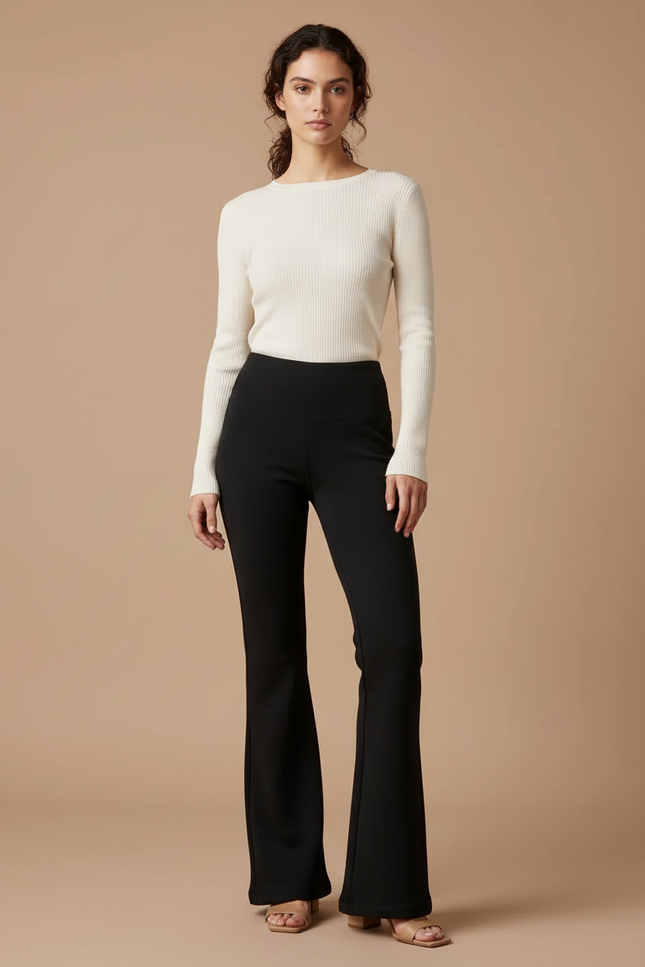 Pantalon Noir Évasé Taille Haute Fluide Confortable - Maille