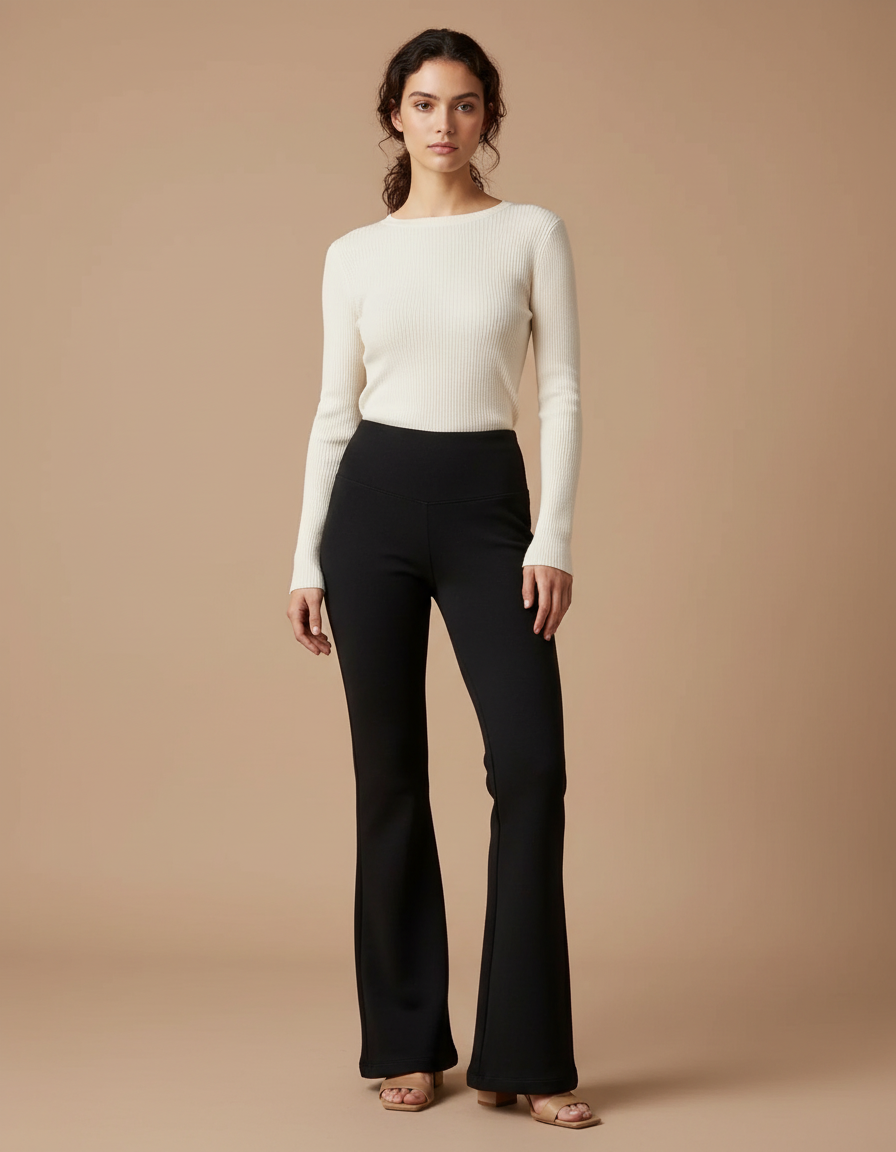 Pantalon Noir Évasé Taille Haute Fluide Confortable - Maille