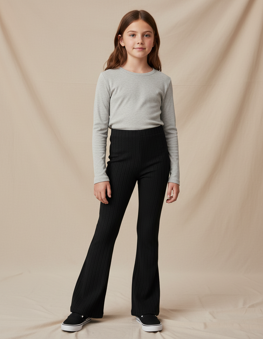 Pantalon Noir Côtelé Évasé Stretch Fille - Maille