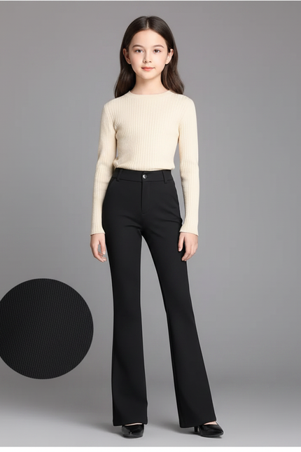 Pantalon Noir Évasé Taille Haute Extensible Élégant - Polyester