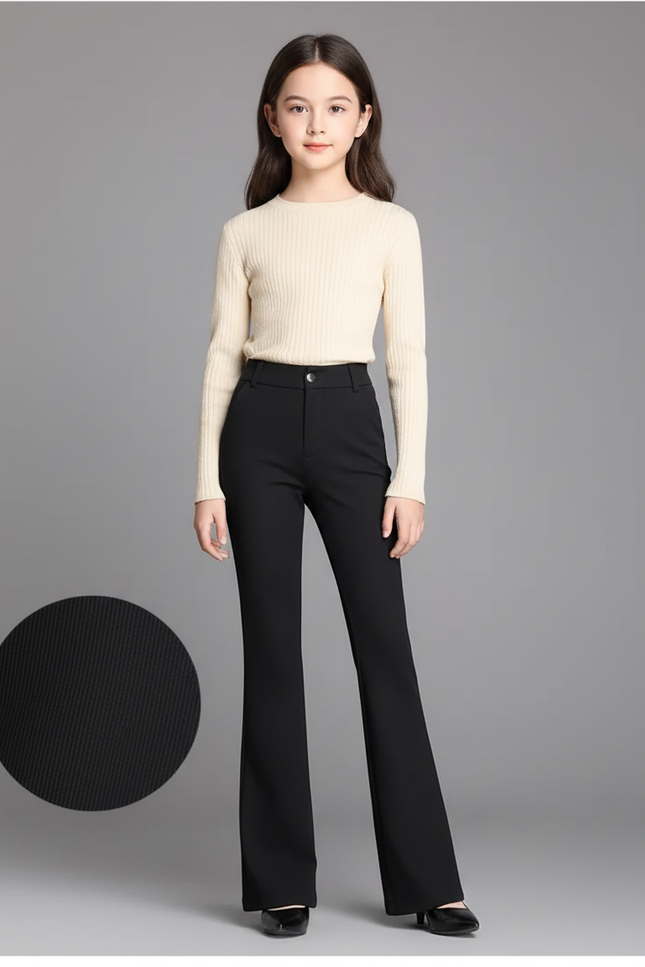 Pantalon Noir Évasé Taille Haute Extensible Élégant - Polyester
