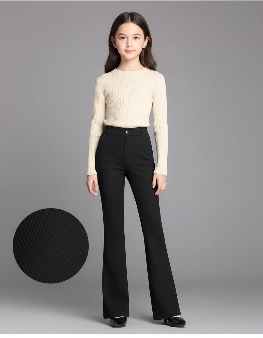 Pantalon Noir Évasé Taille Haute Extensible Élégant - Polyester