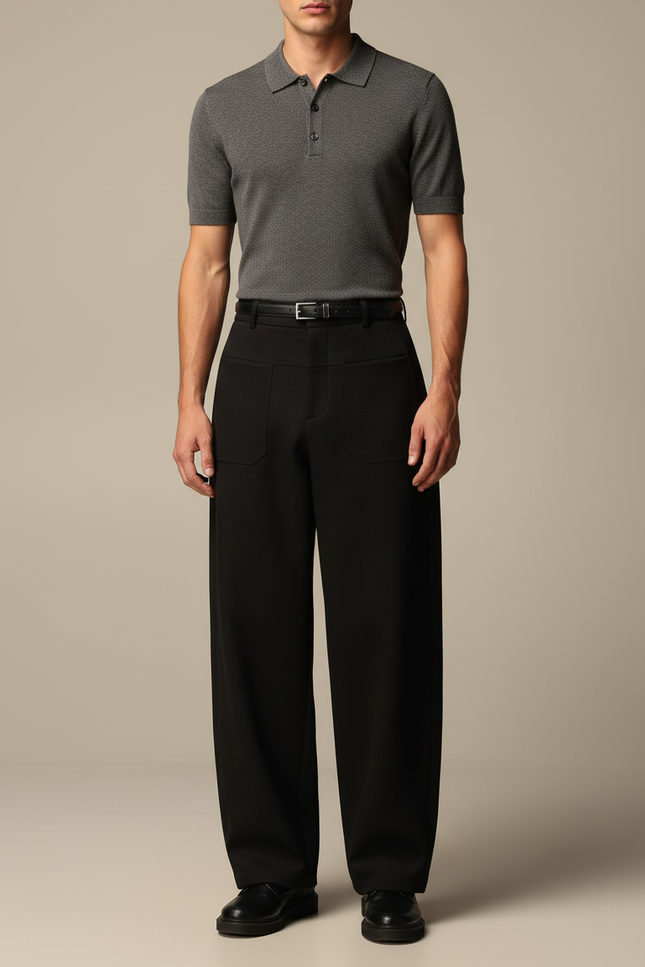 Pantalon Noir Ample Taille Haute Droit Élégant - Gabardine