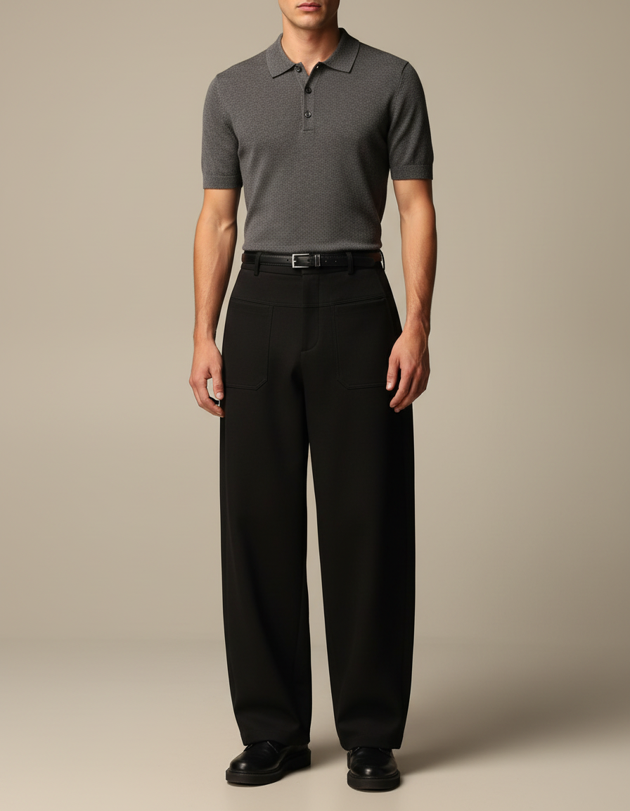 Pantalon Noir Ample Taille Haute Droit Élégant - Gabardine