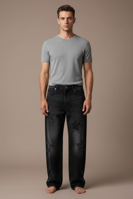 Pantalon Noir Étoiles Brodé Ample Décontracté Homme - Jean