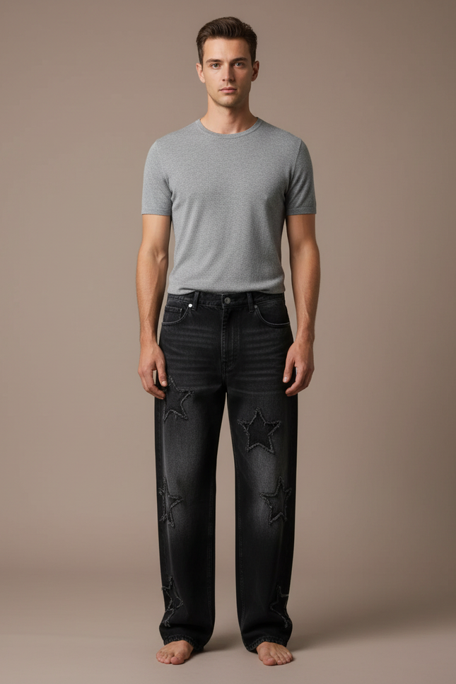 Pantalon Noir Étoiles Brodé Ample Décontracté Homme - Jean