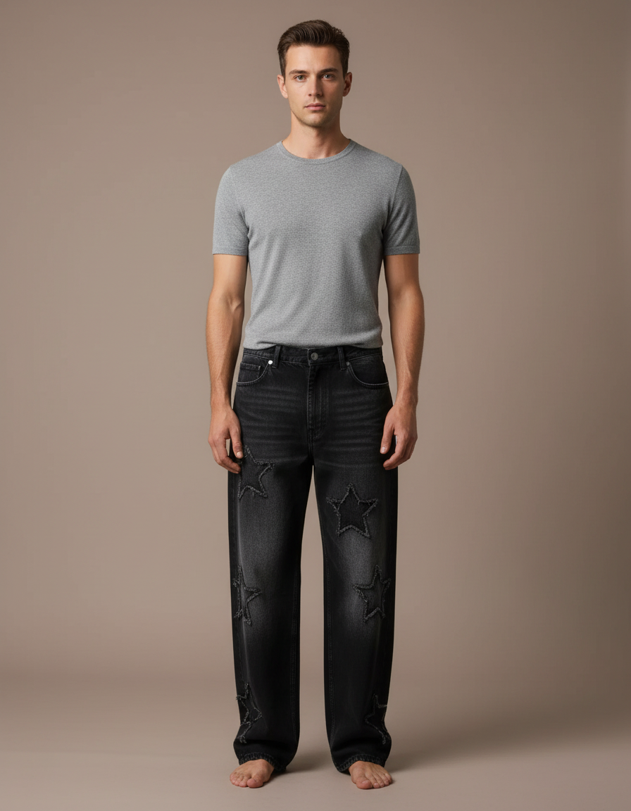 Pantalon Noir Étoiles Brodé Ample Décontracté Homme - Jean